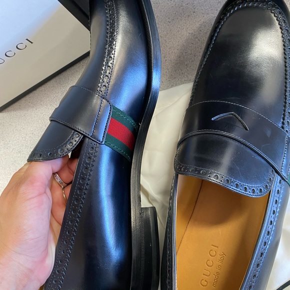 Gucci Mens Calfskin Web Bee Spirit Black Loafers - Picture 5 of 10